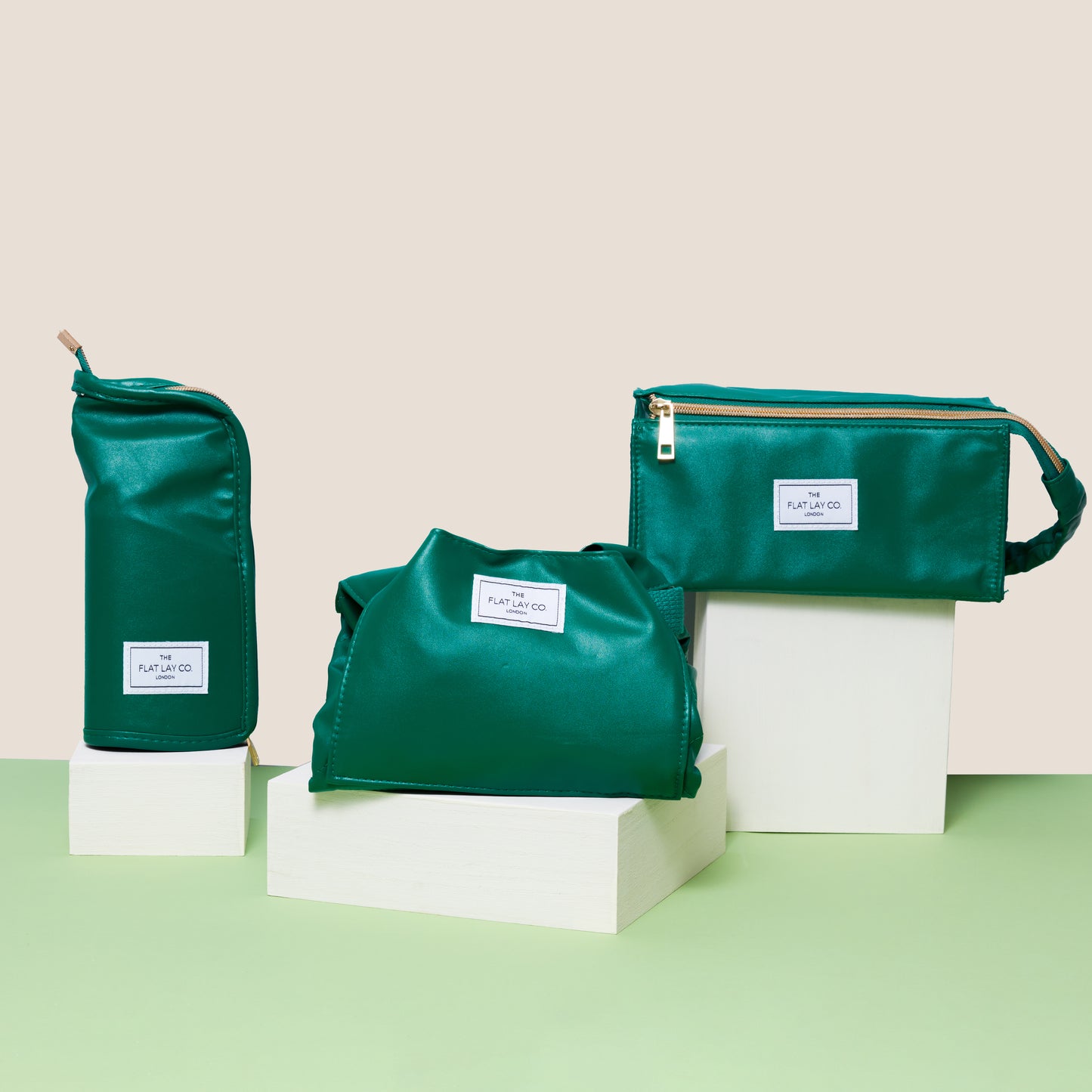 Monochrome Green Leather Full Size Flat Lay Makeup Bag