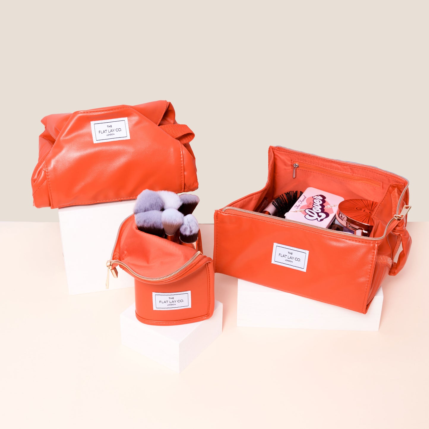 Monochrome Orange Leather Full Size Flat Lay Makeup Bag
