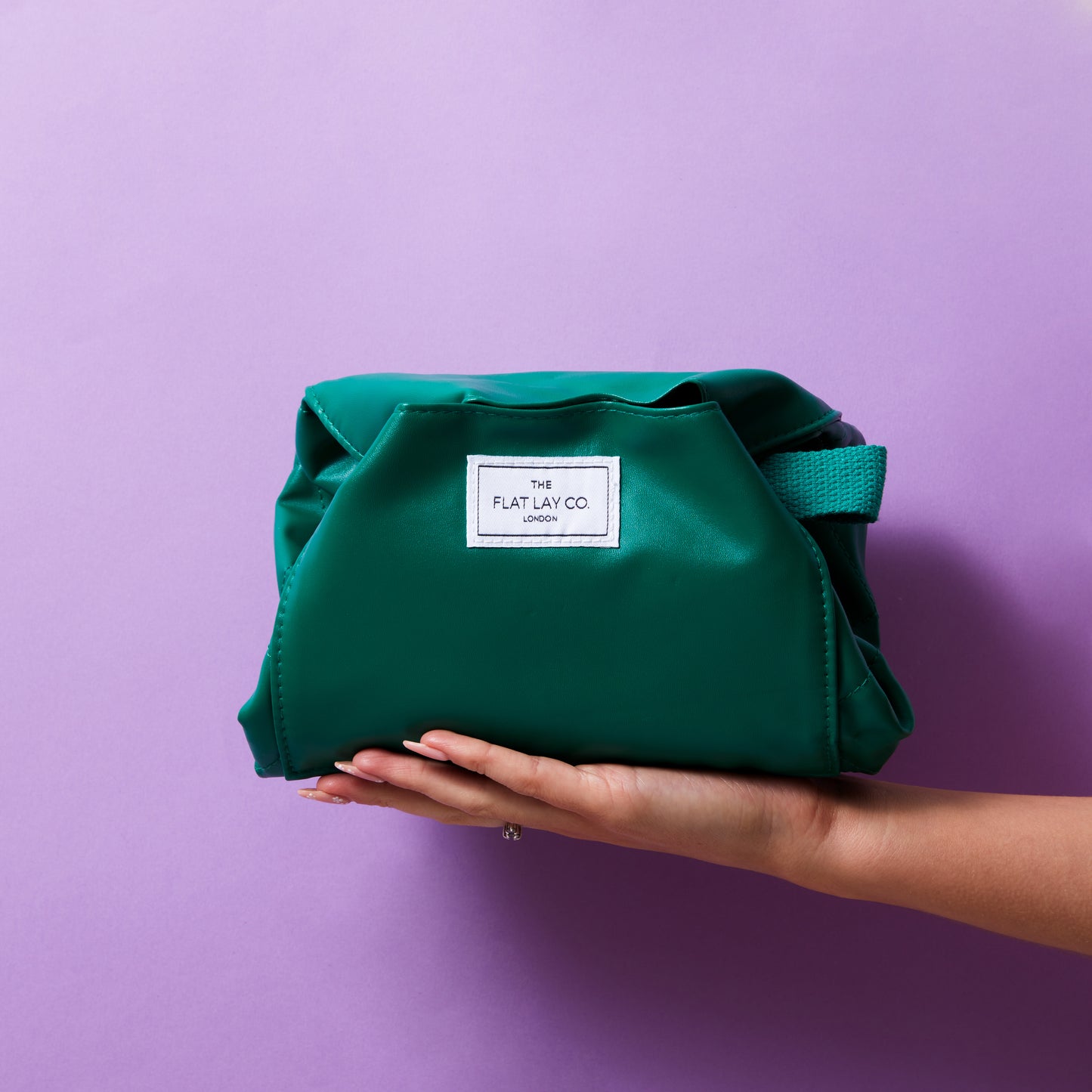 Monochrome Green Leather Full Size Flat Lay Makeup Bag
