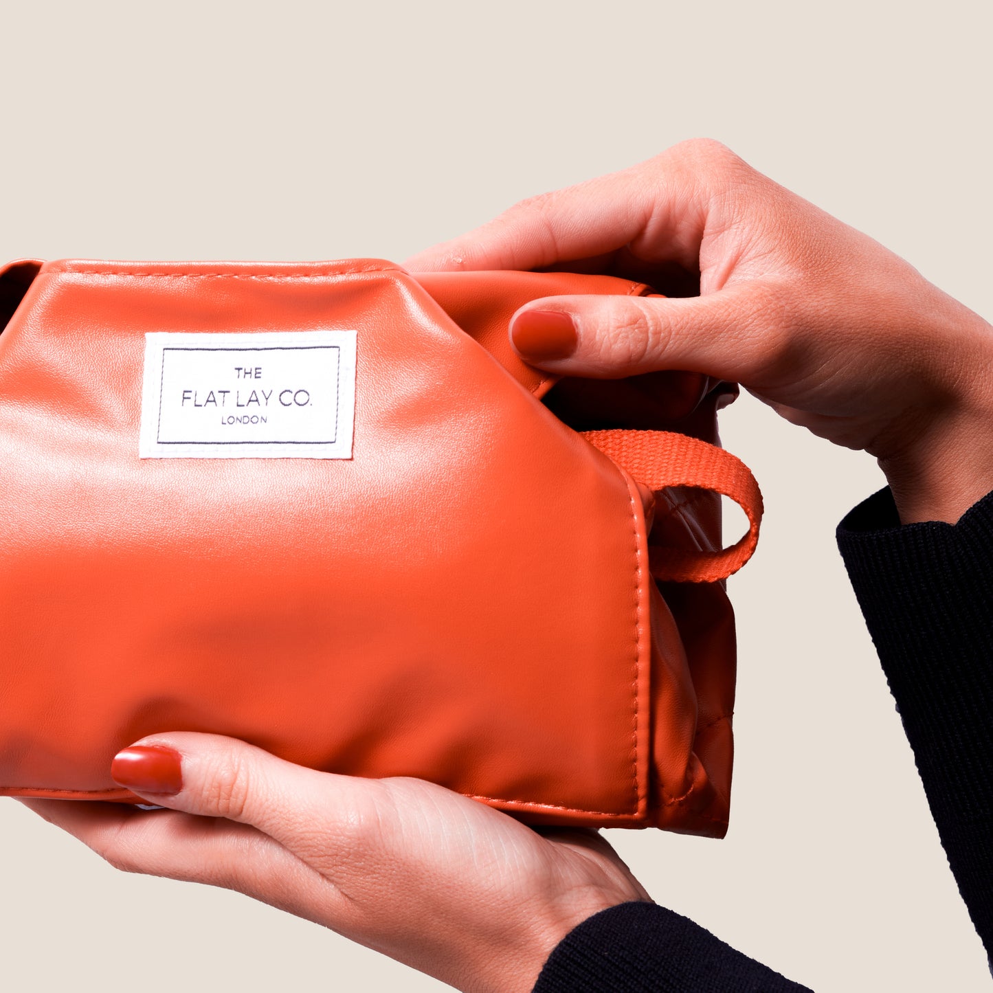 Monochrome Orange Leather Full Size Flat Lay Makeup Bag