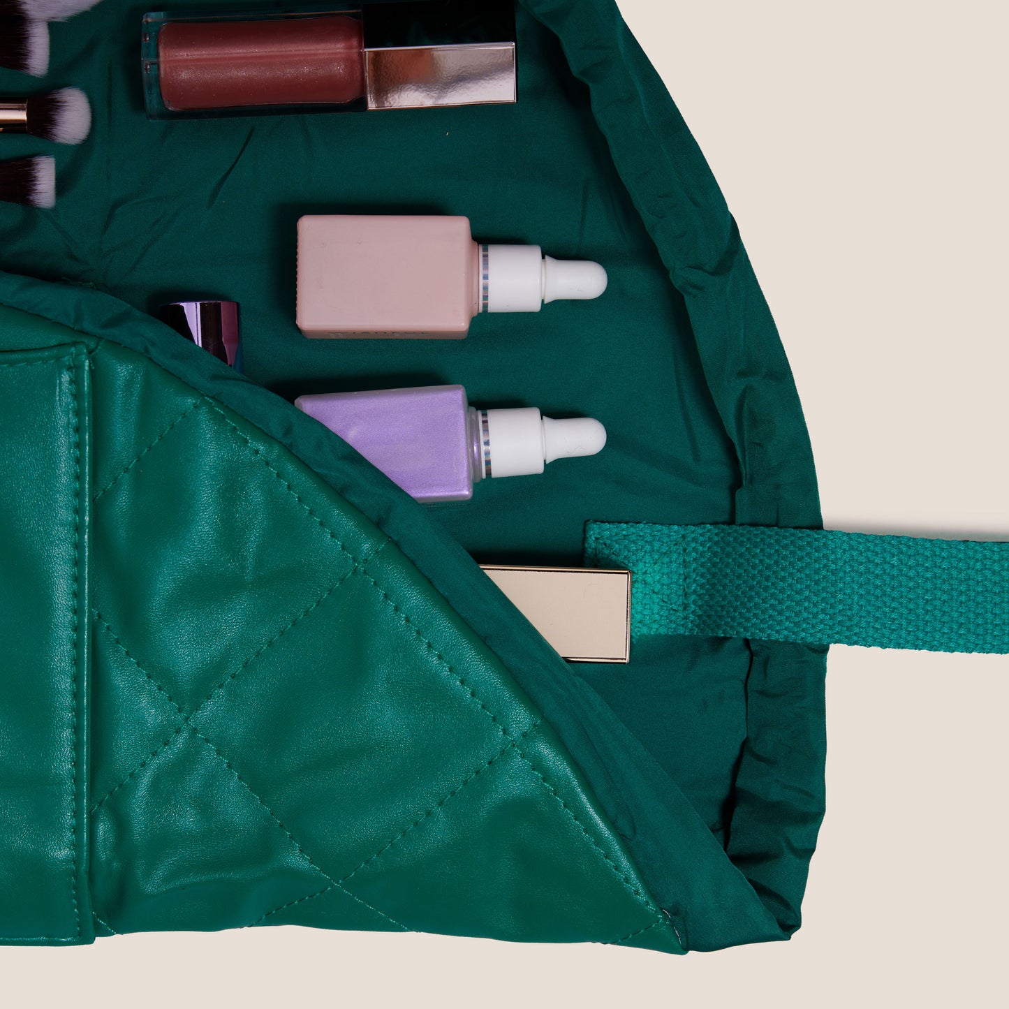 Monochrome Green Leather Full Size Flat Lay Makeup Bag