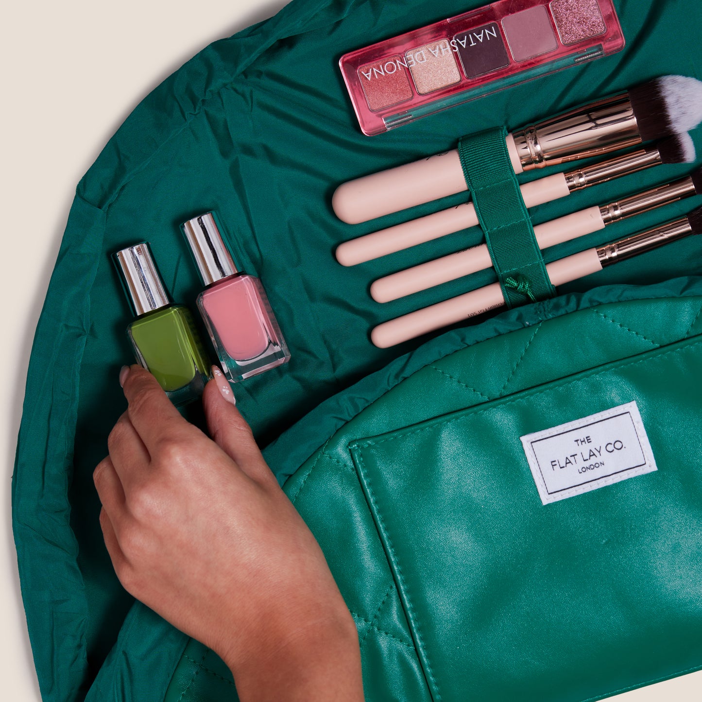Monochrome Green Leather Full Size Flat Lay Makeup Bag