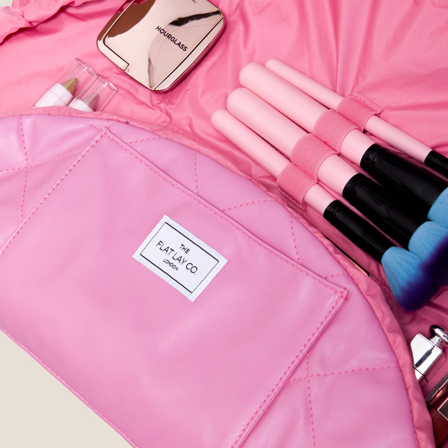 Monochrome Pink Leather Full Size Flat Lay Makeup Bag