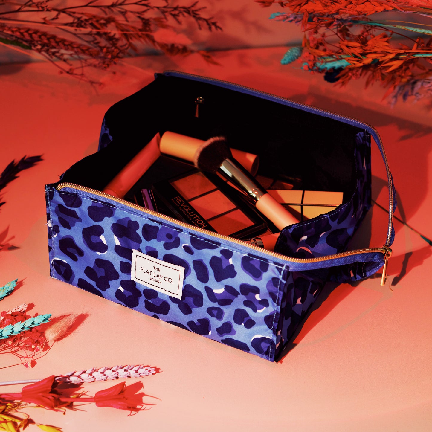 Blue Leopard Open Flat Makeup Box Bag and Tray