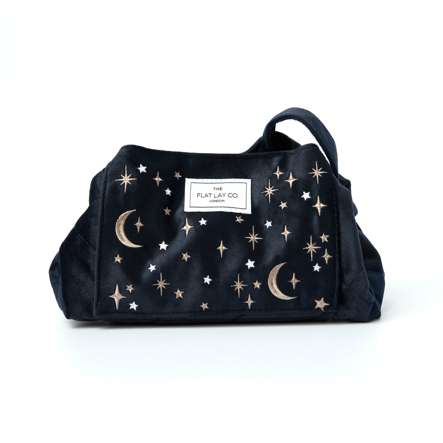 Blue Celestial Embroidered Velvet Drawstring Flat Lay Makeup Bag