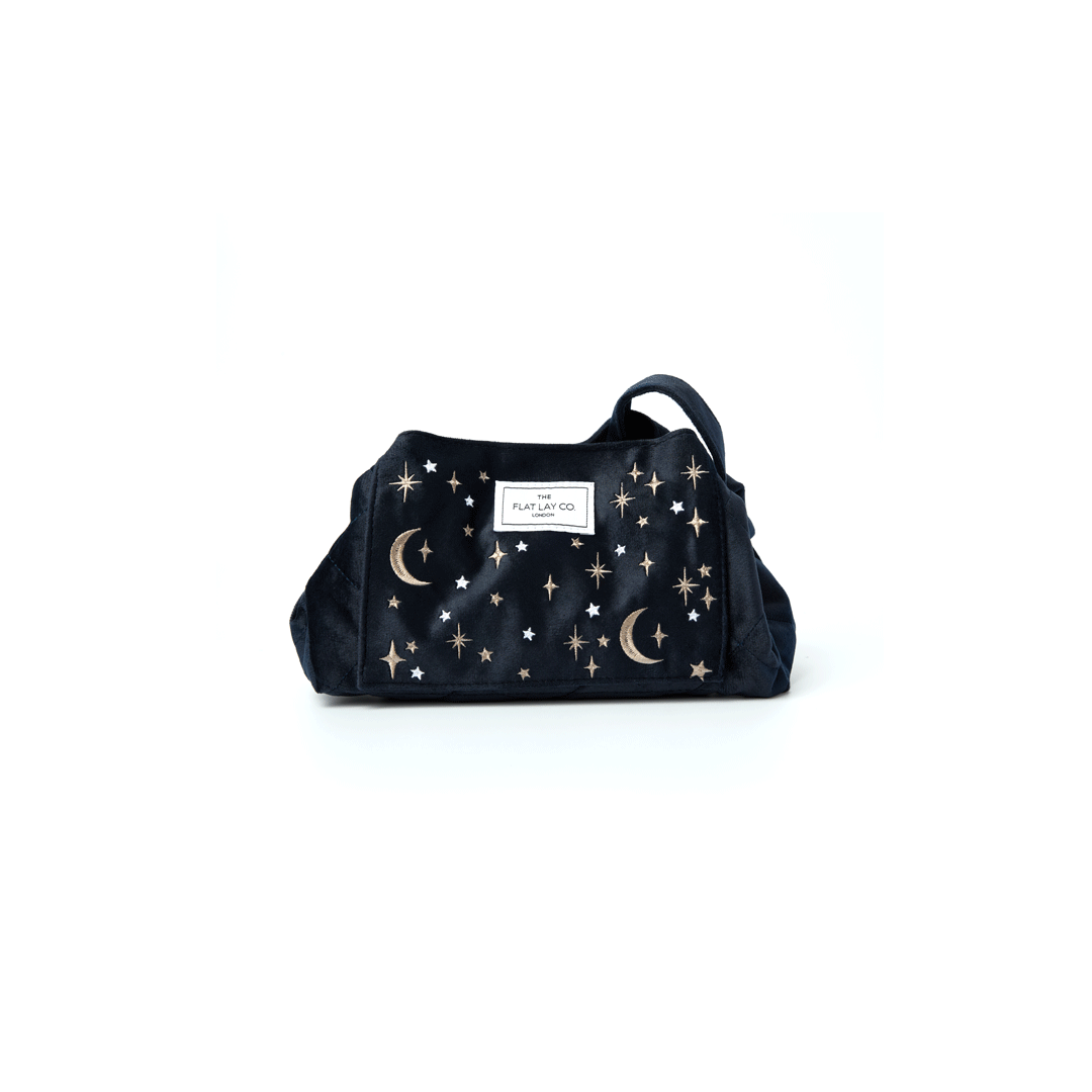 Blue Celestial Embroidered Velvet Drawstring Flat Lay Makeup Bag