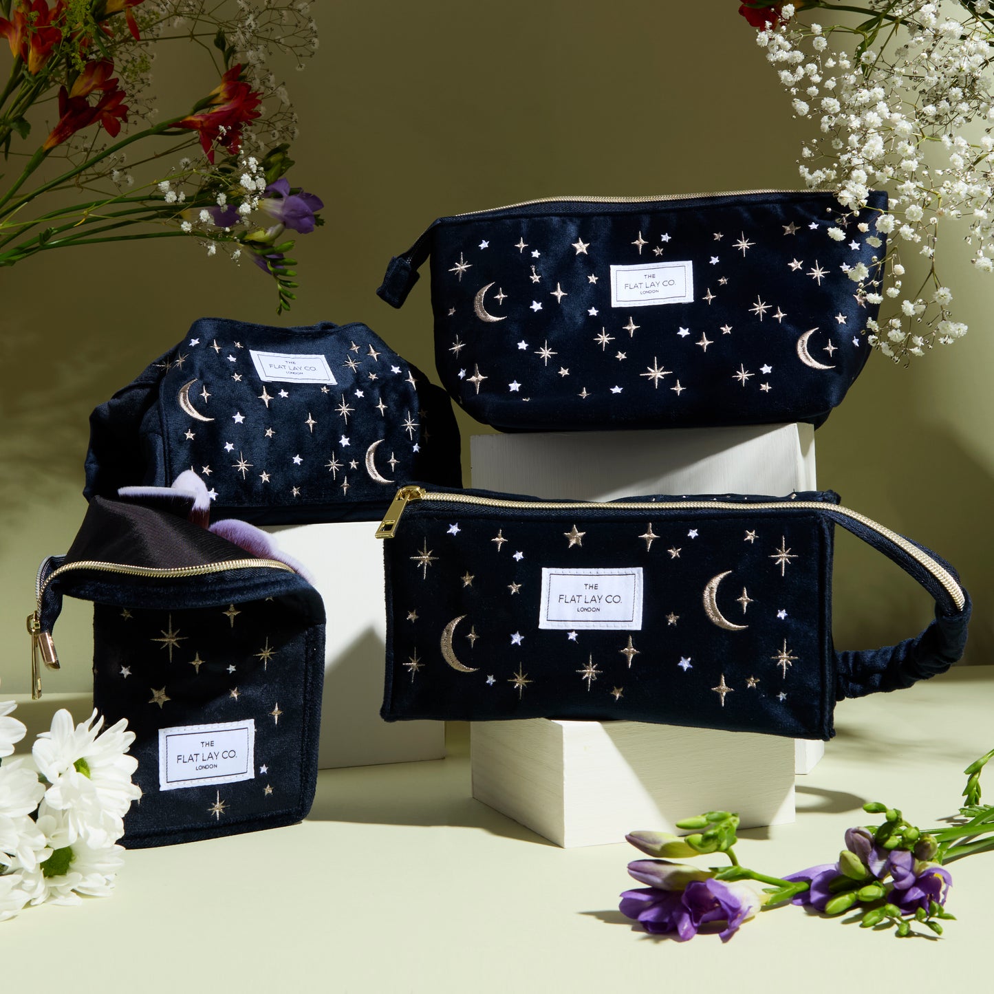 Blue Celestial Embroidered Velvet Drawstring Flat Lay Makeup Bag