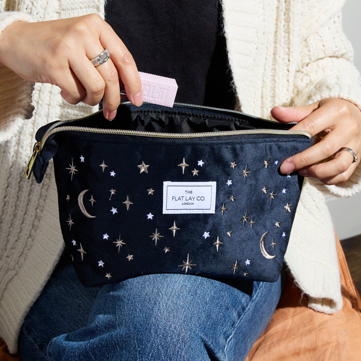 Blue Celestial Embroidered Velvet Essential Makeup Pouch