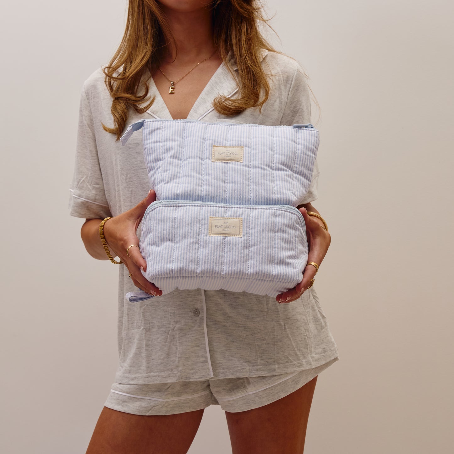 Padded Essential Makeup Pouch - Cotton Blue Pinstripes