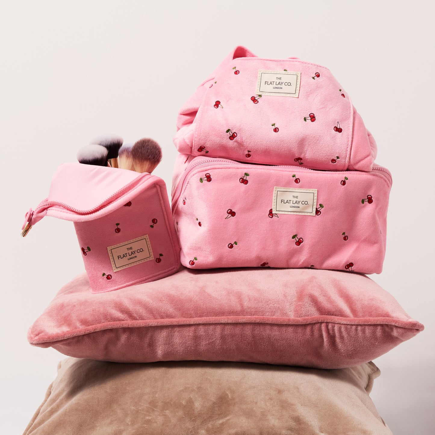 Drawstring Flat Lay Makeup Bag - Ditsy Cherries Pink Embroidered Velvet