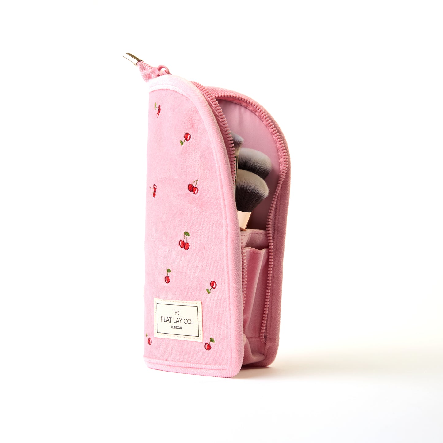 Standing Makeup Brush Case - Ditsy Cherries Pink Embroidered Velvet