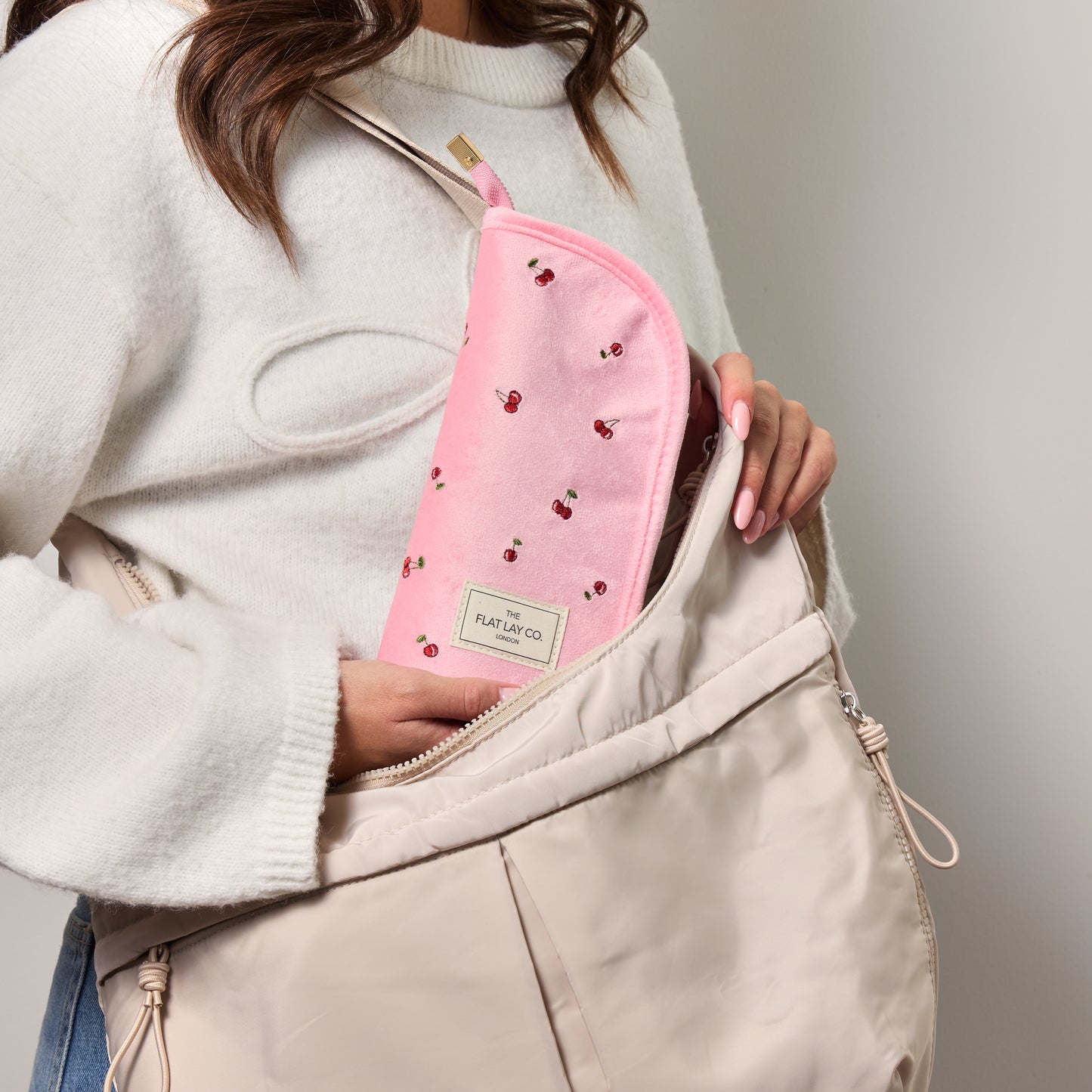 Standing Makeup Brush Case - Ditsy Cherries Pink Embroidered Velvet