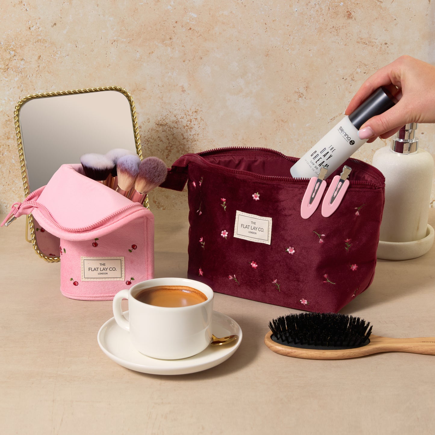 Standing Makeup Brush Case - Ditsy Cherries Pink Embroidered Velvet