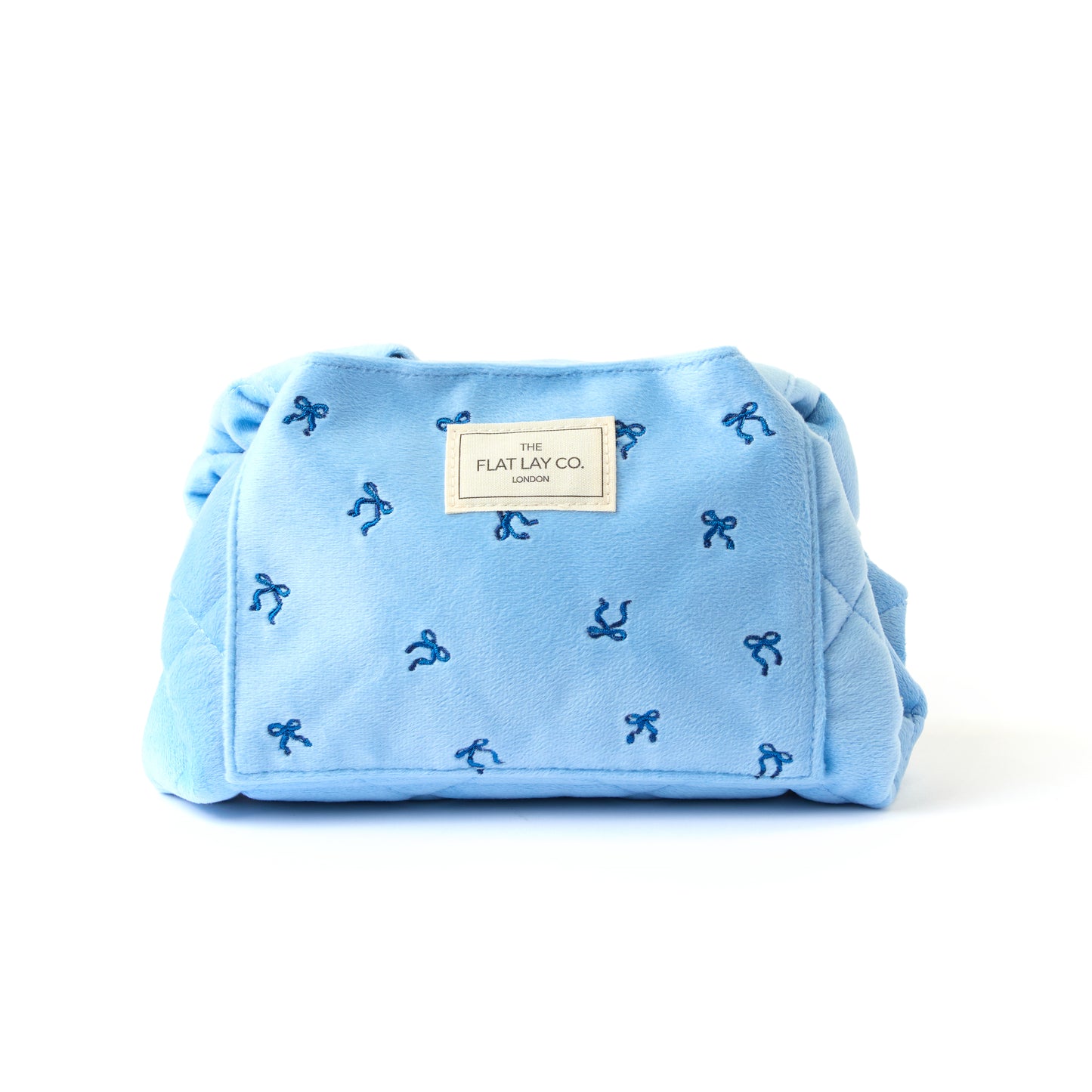 Drawstring Flat Lay Makeup Bag - Ditsy Bows Blue Embroidered Velvet