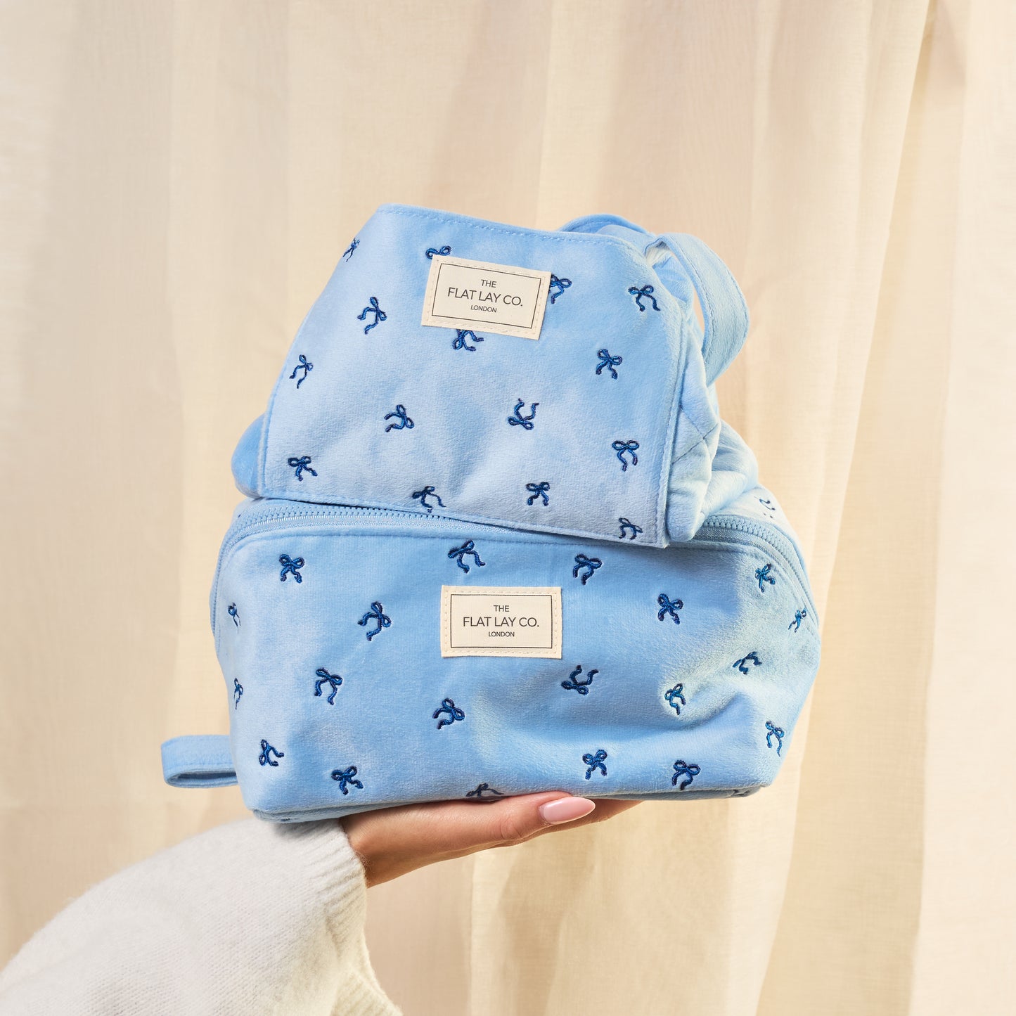Drawstring Flat Lay Makeup Bag - Ditsy Bows Blue Embroidered Velvet