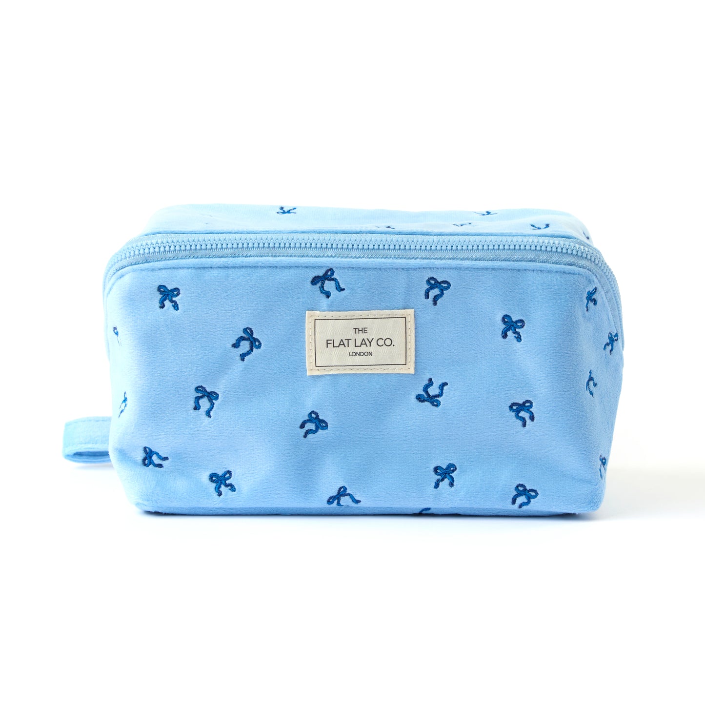 Flat Lay Makeup Box Bag - Ditsy Bows Blue Embroidered Velvet