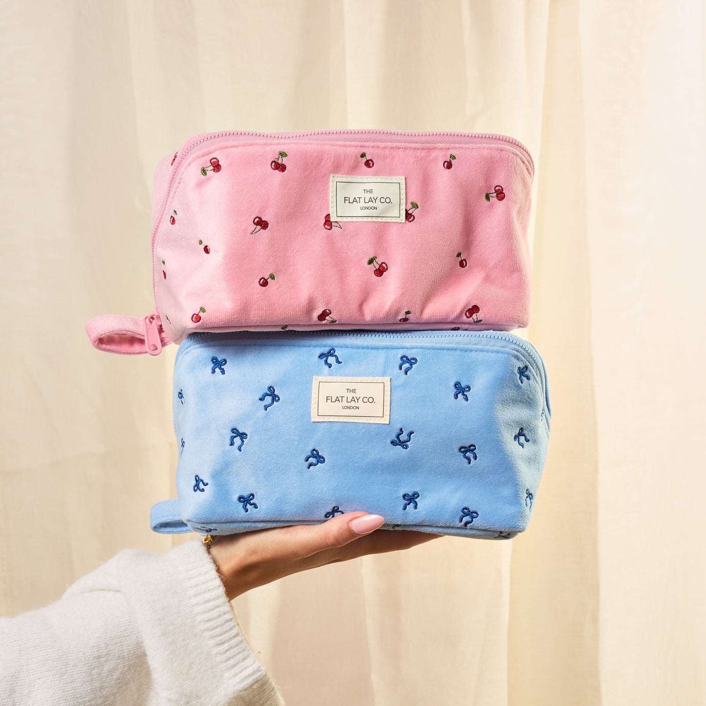 Flat Lay Makeup Box Bag - Ditsy Bows Blue Embroidered Velvet