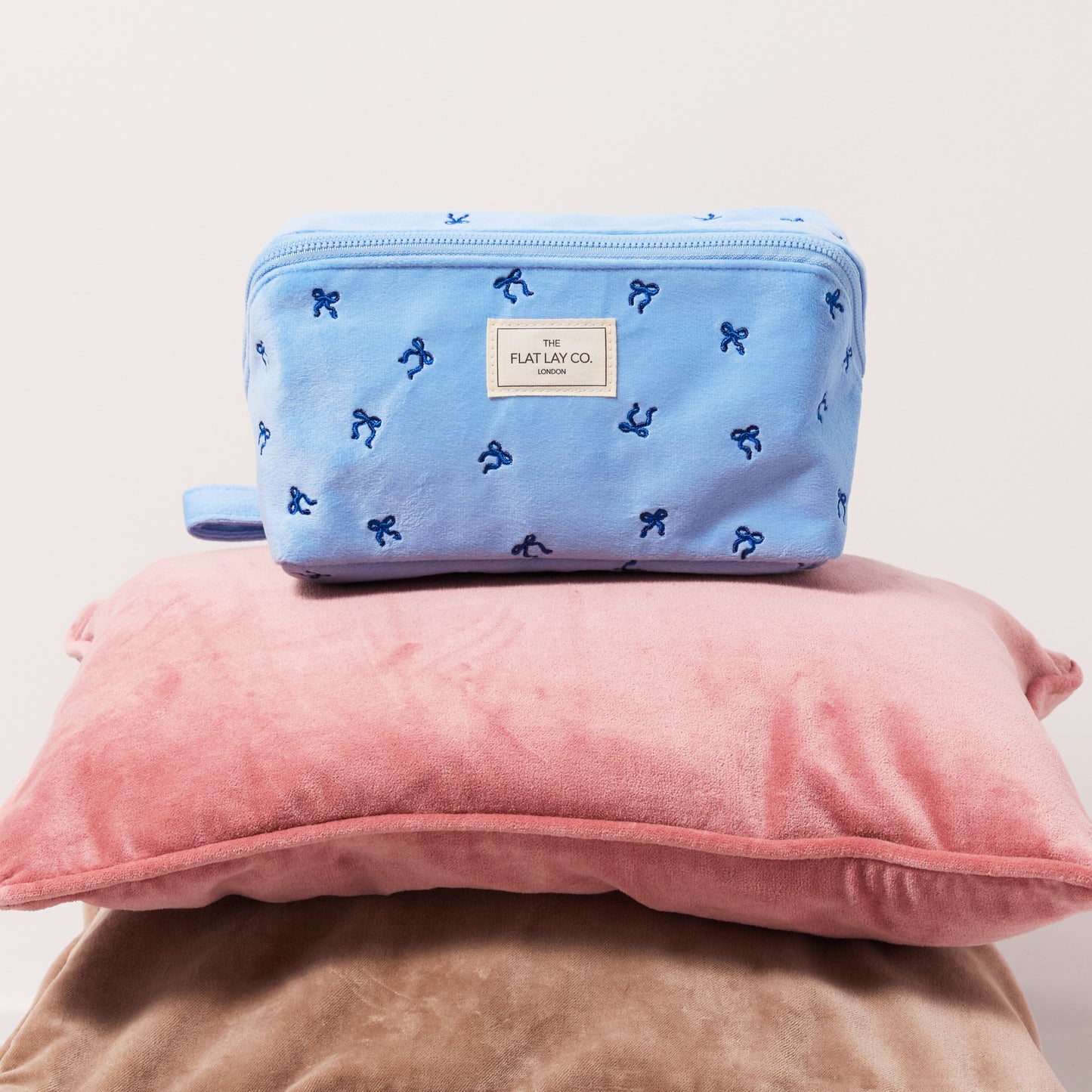 Flat Lay Makeup Box Bag - Ditsy Bows Blue Embroidered Velvet