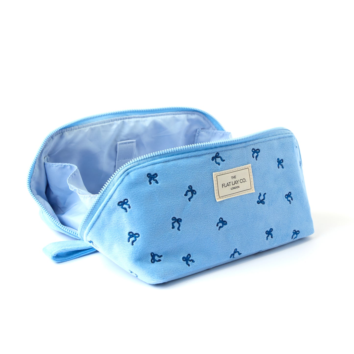 Flat Lay Makeup Box Bag - Ditsy Bows Blue Embroidered Velvet