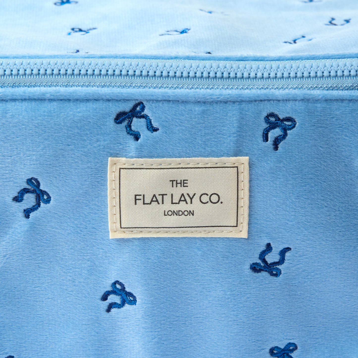 Flat Lay Makeup Box Bag - Ditsy Bows Blue Embroidered Velvet