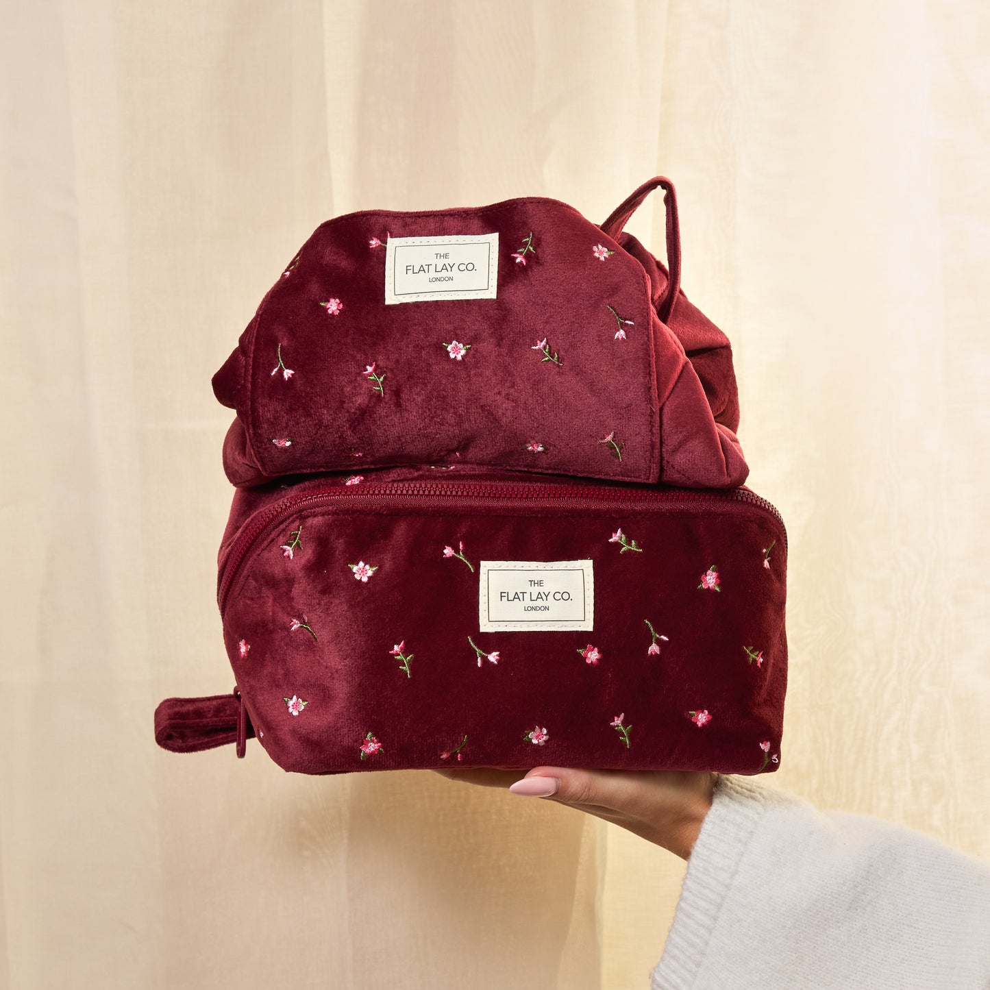 Drawstring Flat Lay Makeup Bag - Ditsy Roses Burgundy Embroidered Velvet