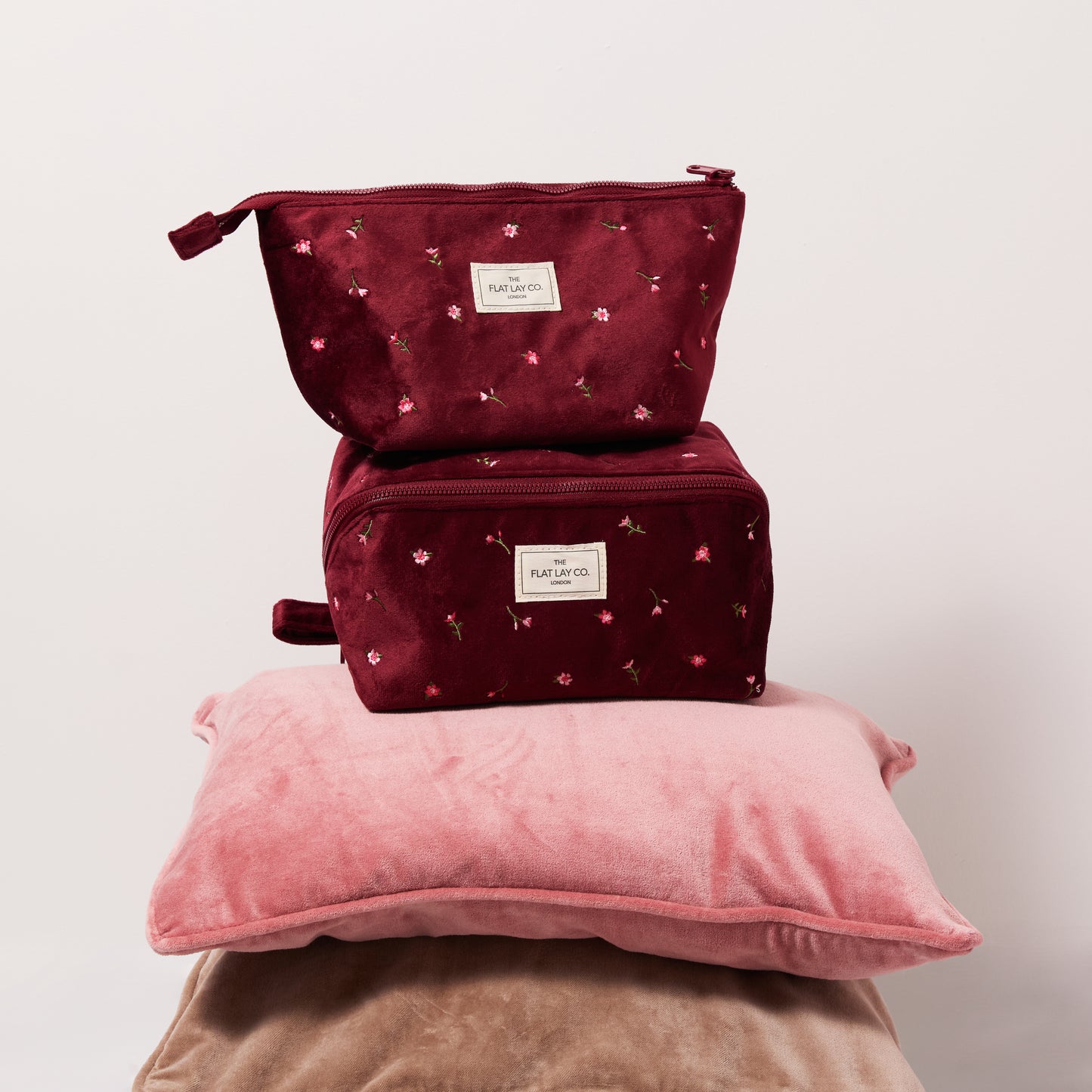 Essential Makeup Pouch - Ditsy Roses Burgundy Embroidered Velvet