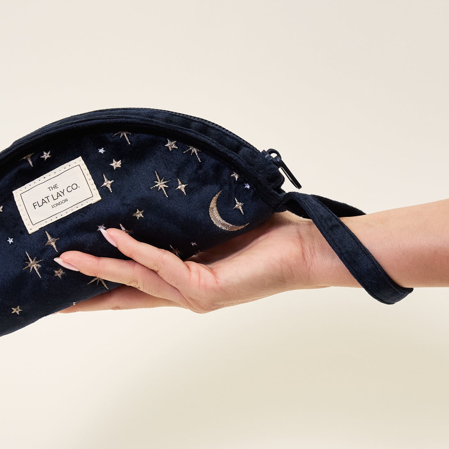 Lunar Flat Lay Makeup Pouch - Celestial Blue Embroidered Velvet