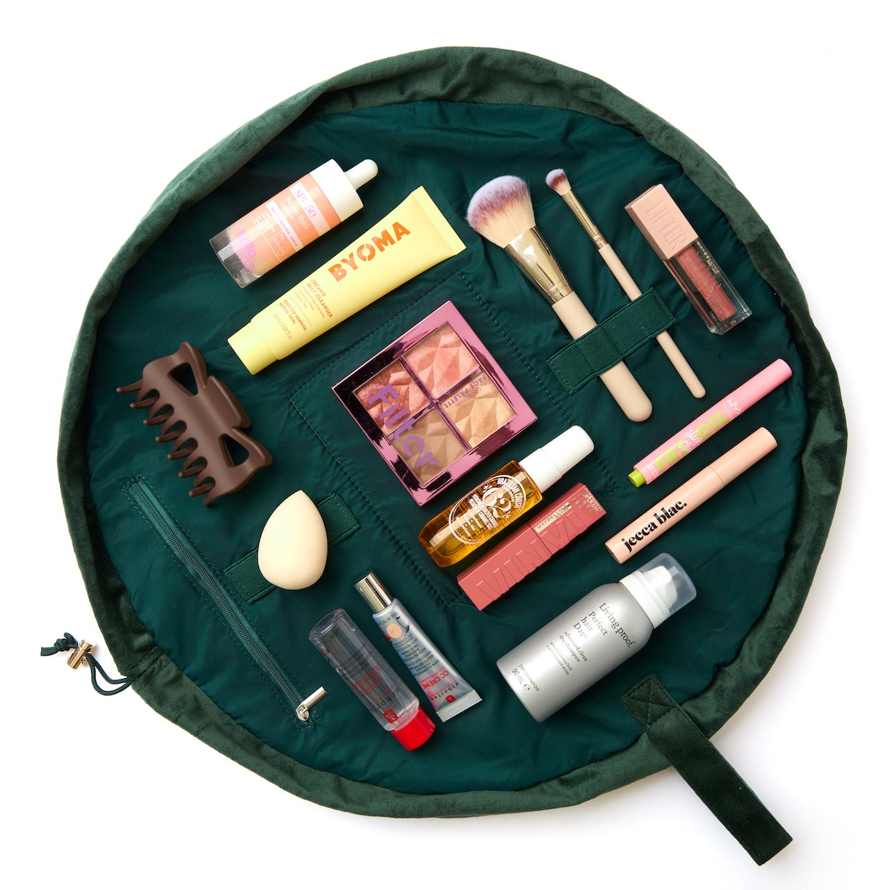 Drawstring Flat Lay Makeup Bag - Green Leaves Embroidered Velvet