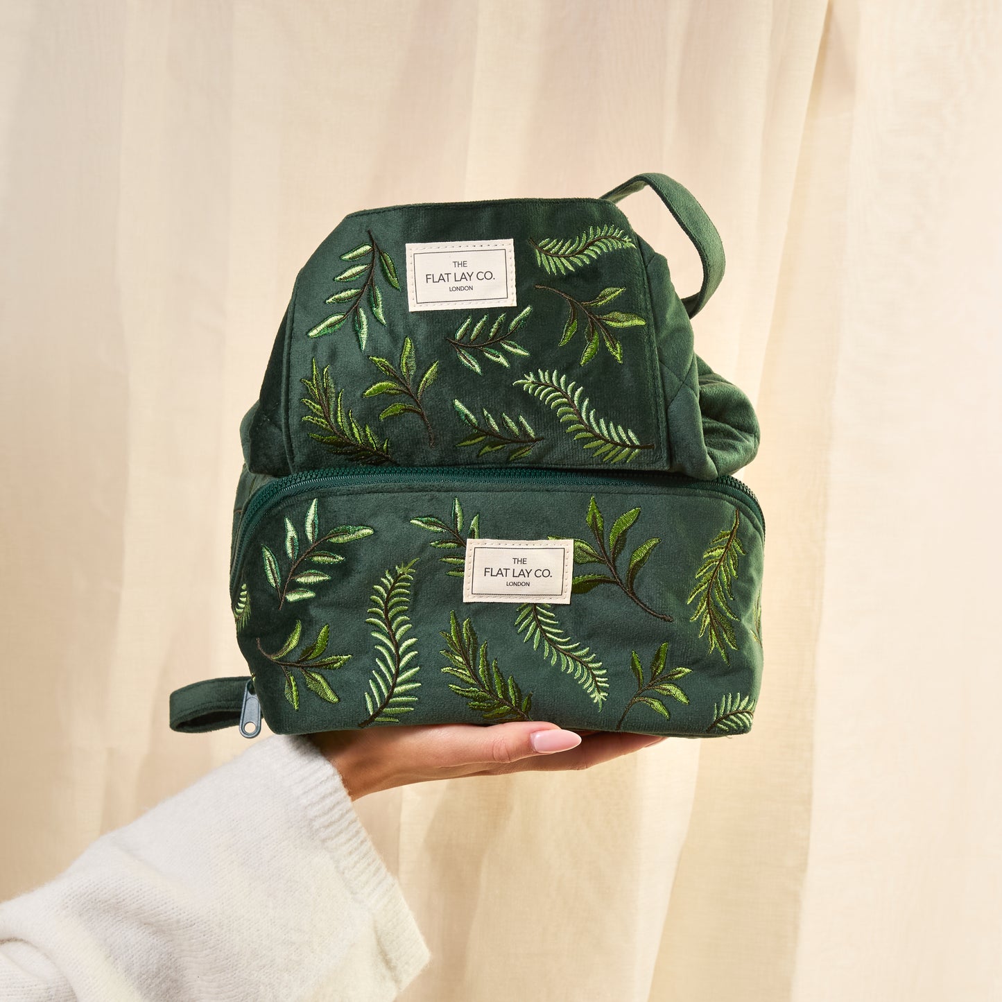 Flat Lay Makeup Box Bag - Green Leaves Embroidered Velvet