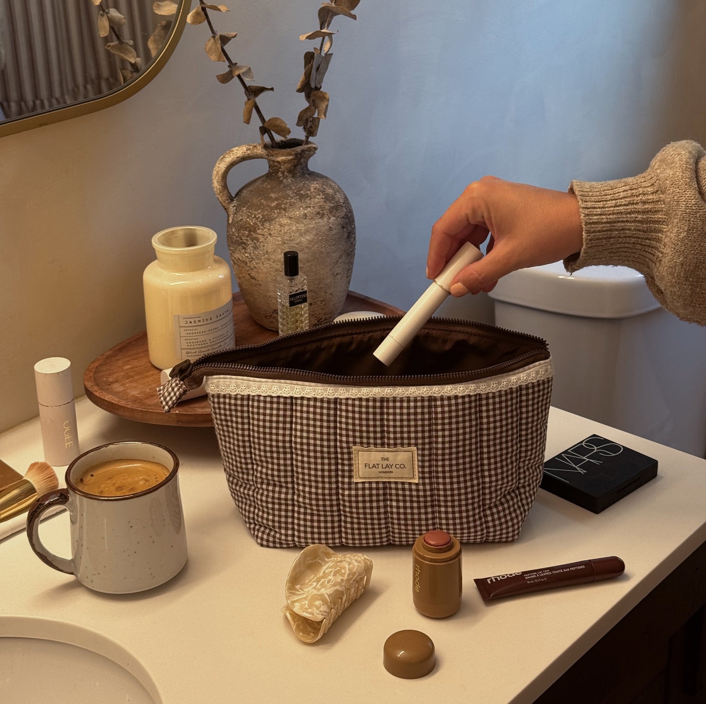 Padded Essential Makeup Pouch - Mocha Gingham