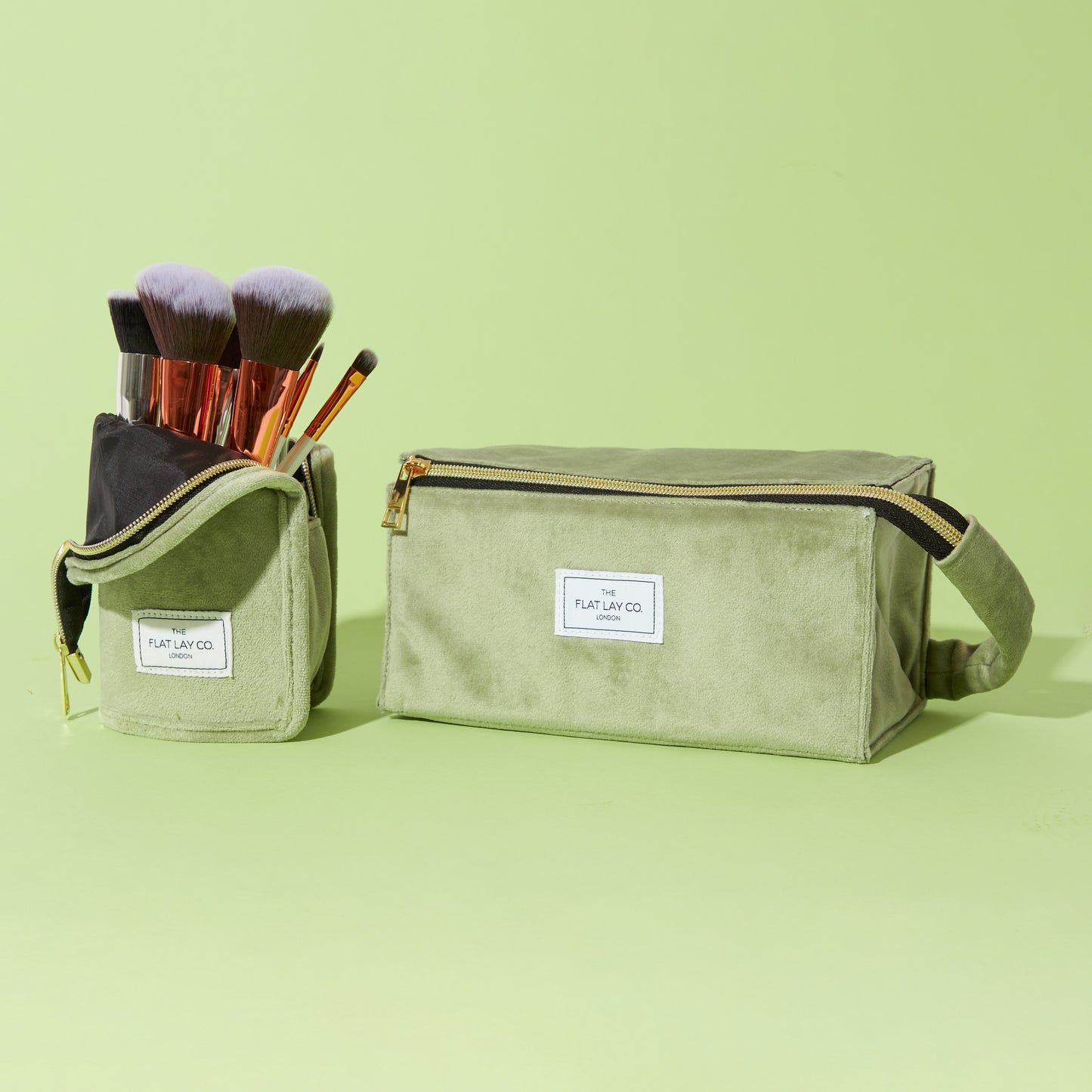 Sage Green Velvet Open Flat Makeup Box Bag and Tray