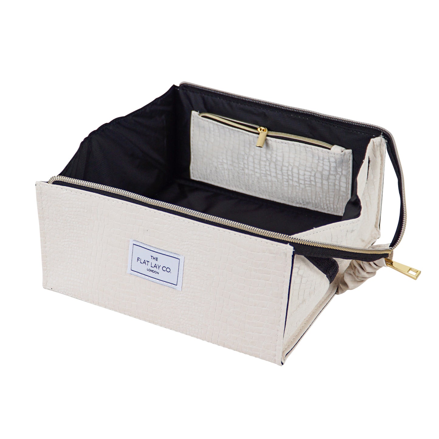 White Croc Open Flat Makeup Box Bag and Tray