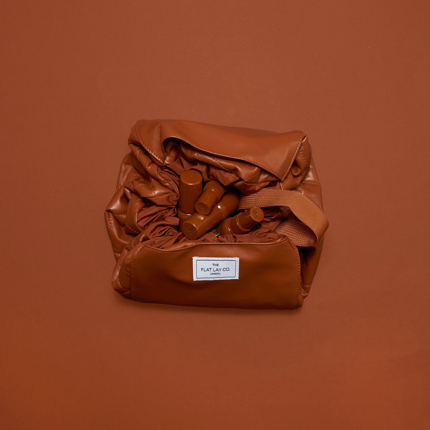 Monochrome Tan Leather Full Size Flat Lay Makeup Bag