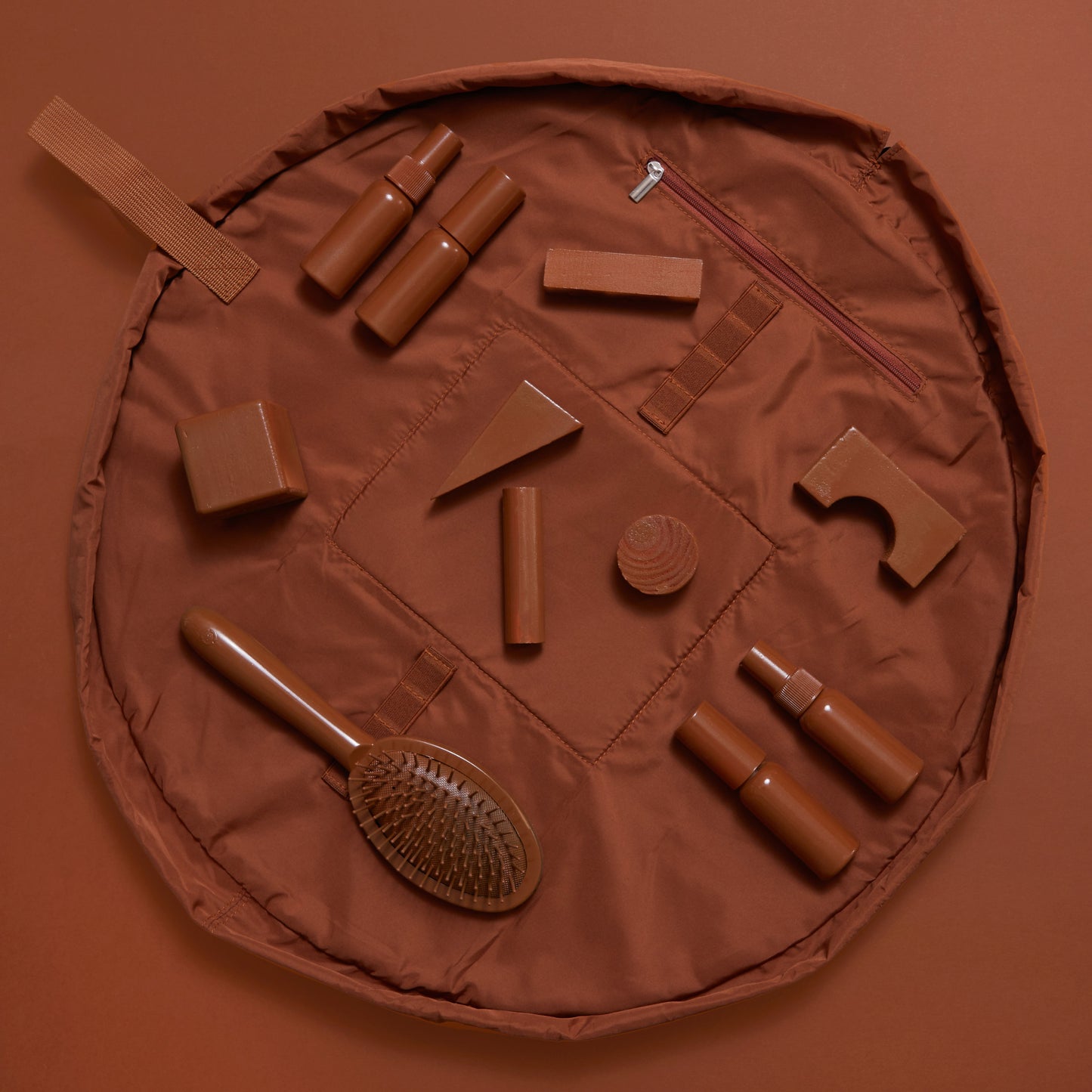 Monochrome Tan Leather Full Size Flat Lay Makeup Bag