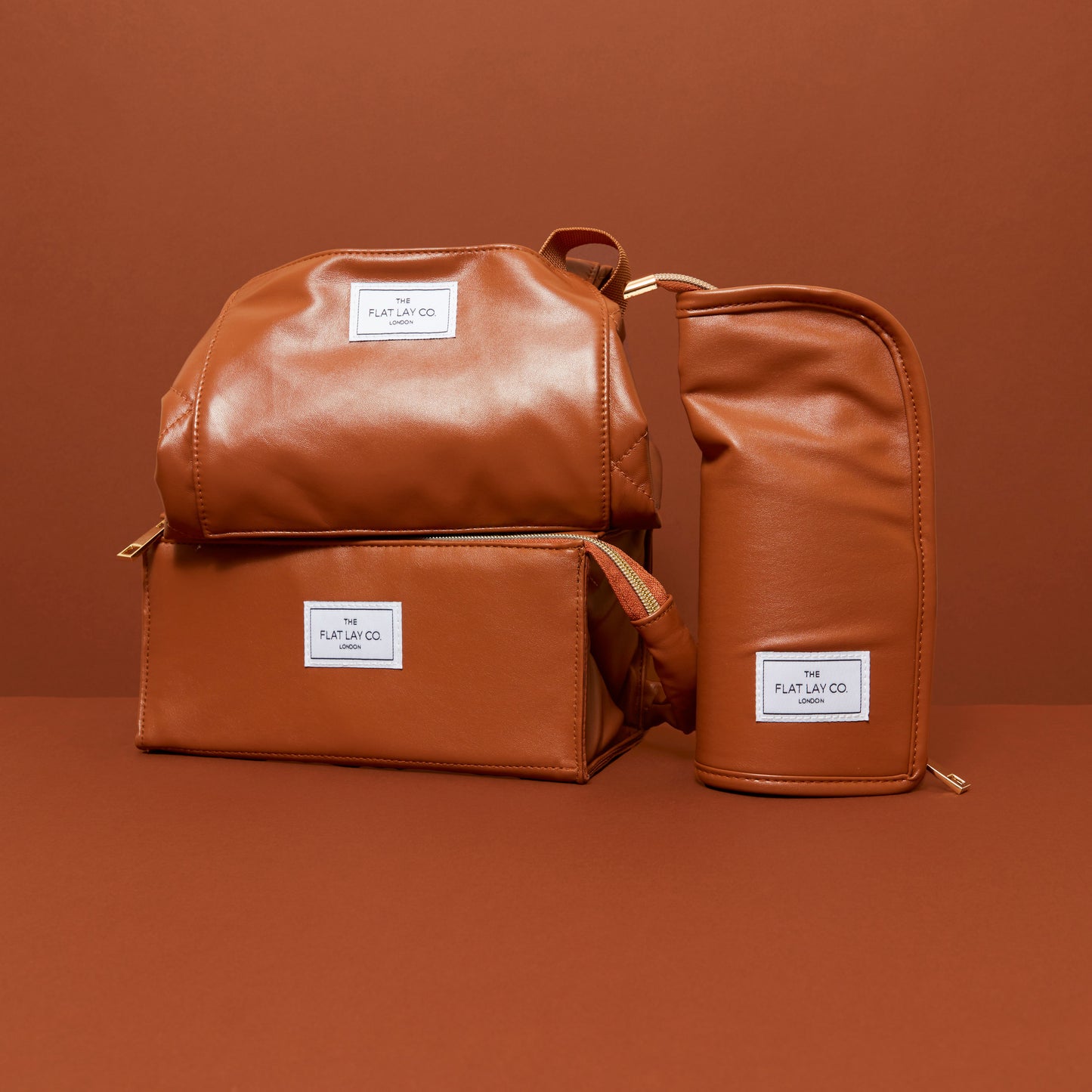 Monochrome Tan Leather Full Size Flat Lay Makeup Bag
