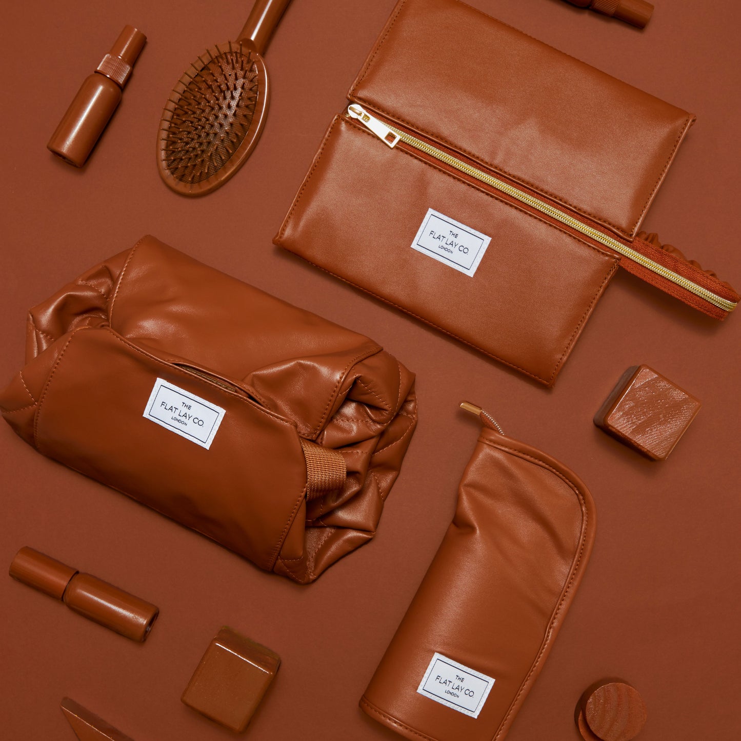 Monochrome Tan Leather Full Size Flat Lay Makeup Bag