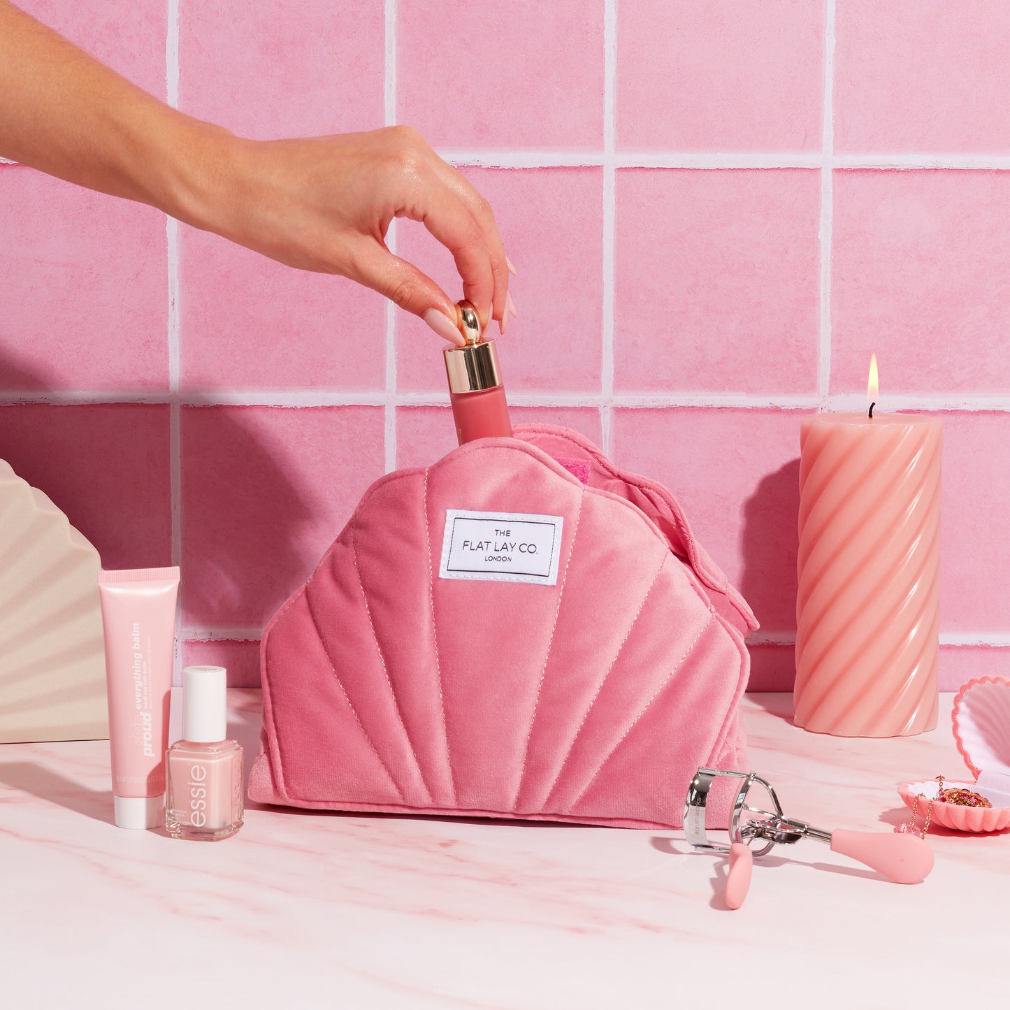 Pink Shell Velvet Full Size Flat Lay Makeup Bag