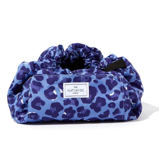 Blue Leopard Drawstring Flat Lay Makeup Bag