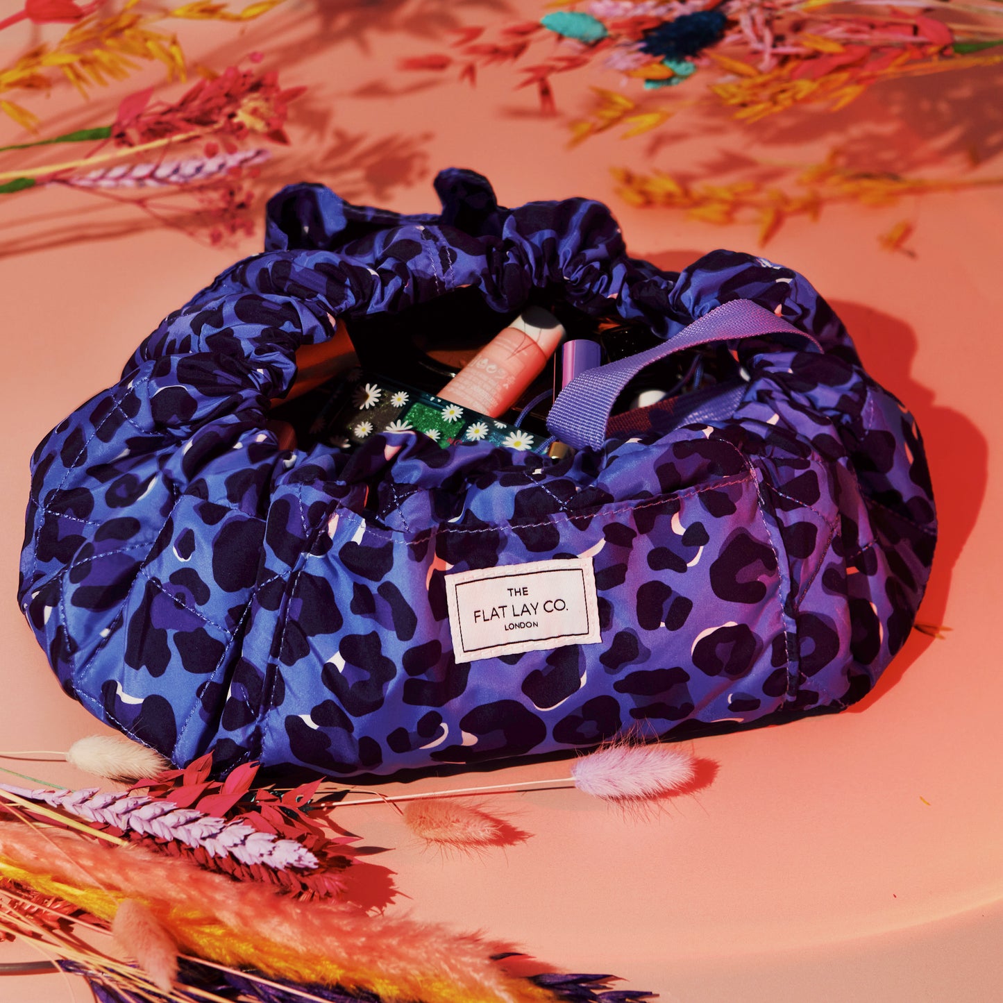 Blue Leopard Full Size Flat Lay Makeup Bag