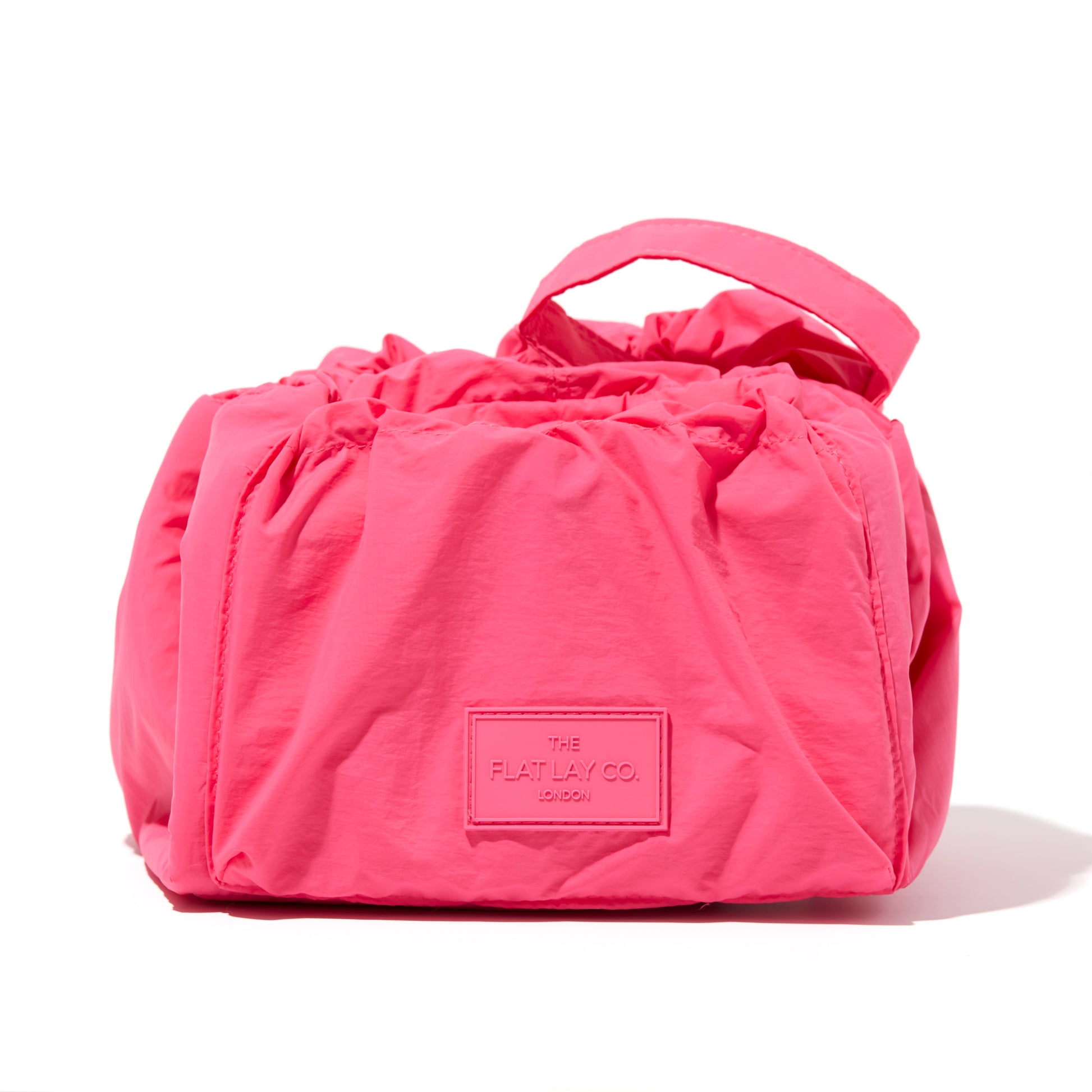 Hot Pink Parachute Drawstring Flat Lay Makeup Bag