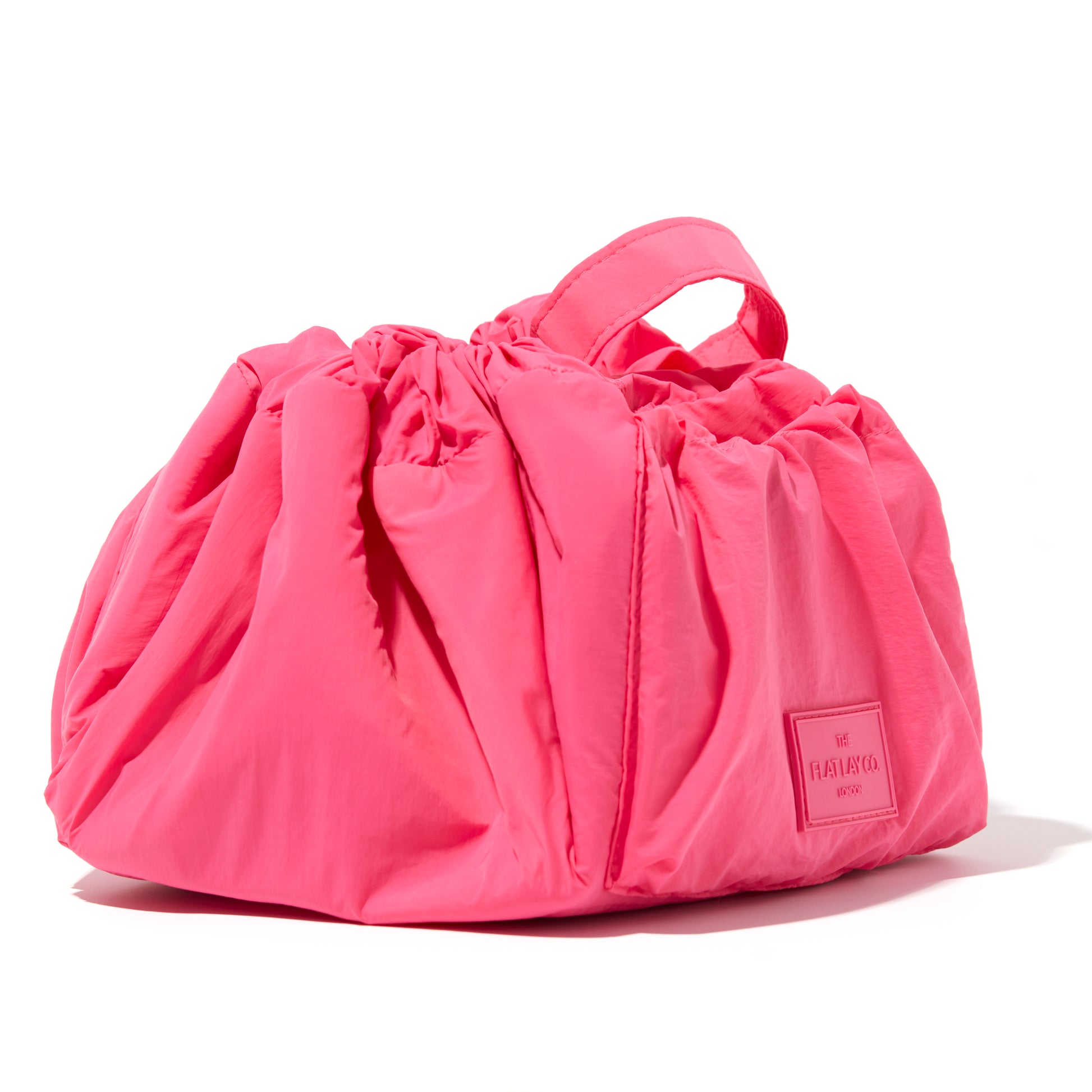 Hot Pink Parachute Drawstring Flat Lay Makeup Bag