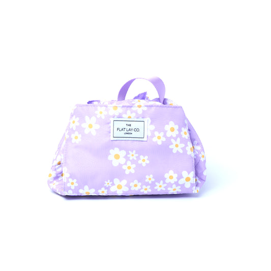 Lilac Daisy Drawstring Flat Lay Makeup Bag