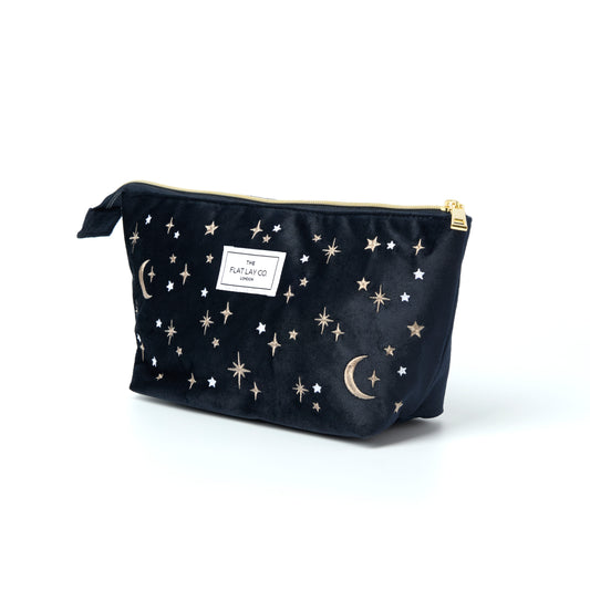 Blue Celestial Embroidered Velvet Essential Makeup Pouch 