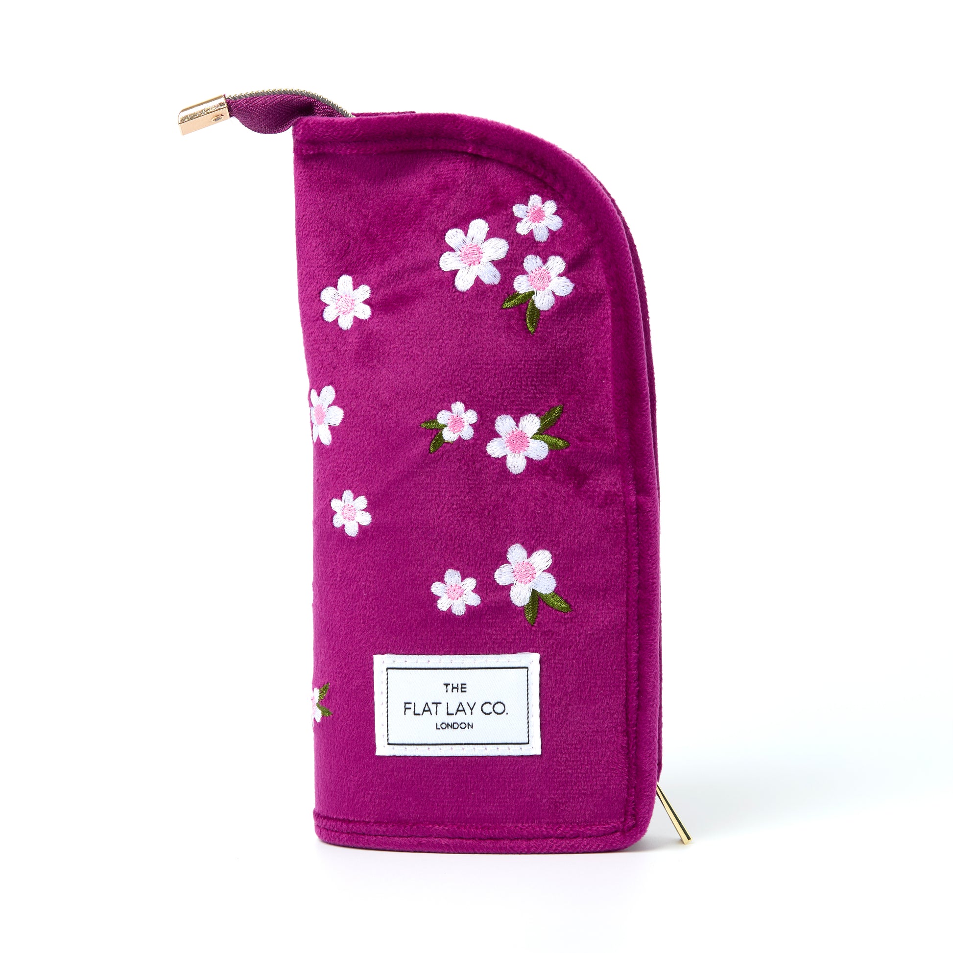 Plum Daisy Embroidered Velvet Standing Makeup Brush Case