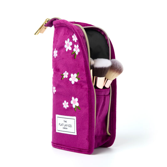 Plum Daisy Embroidered Velvet Standing Makeup Brush Case