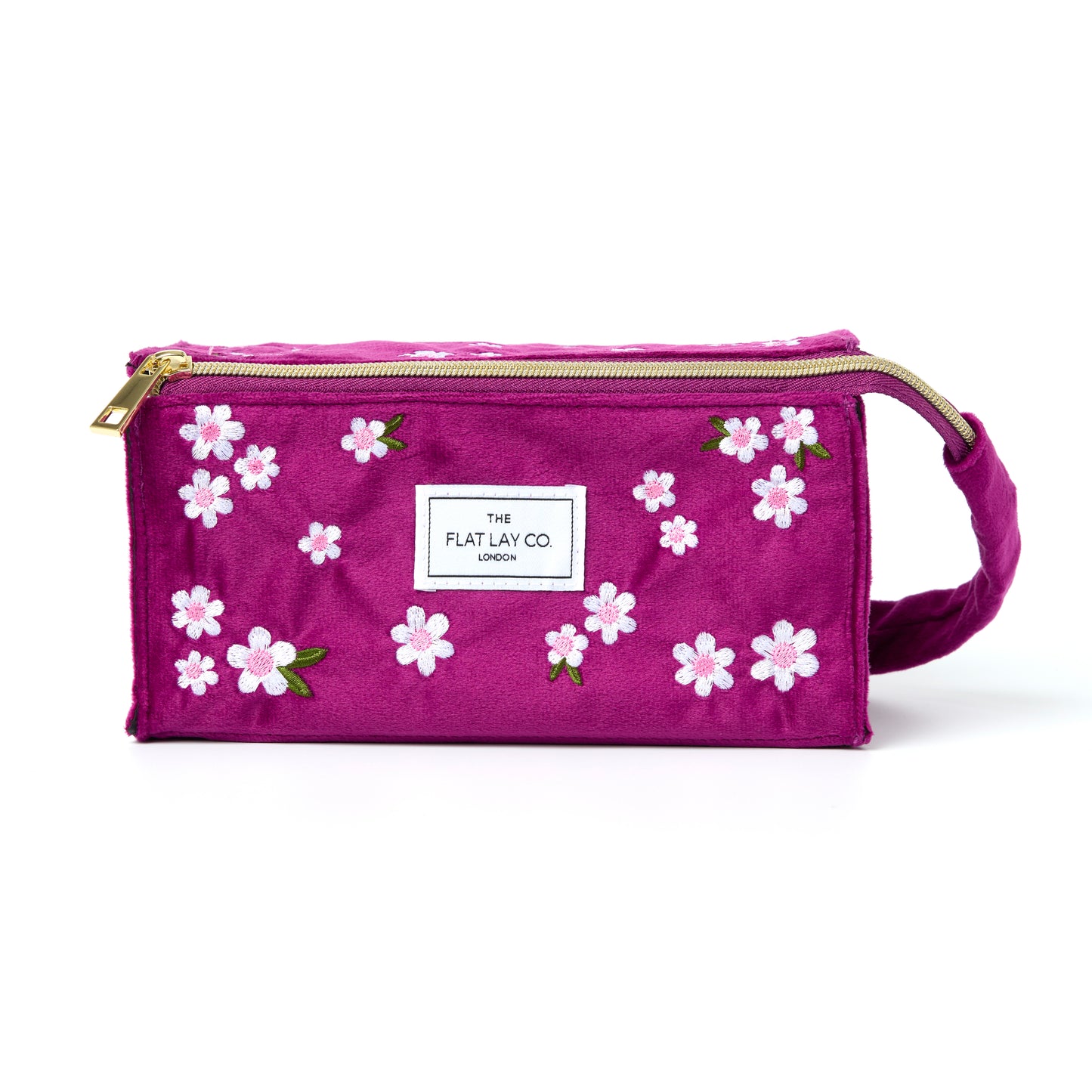 Plum Daisy Embroidered Velvet Flat Lay Makeup Box Bag