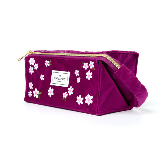 Plum Daisy Embroidered Velvet Flat Lay Makeup Box Bag