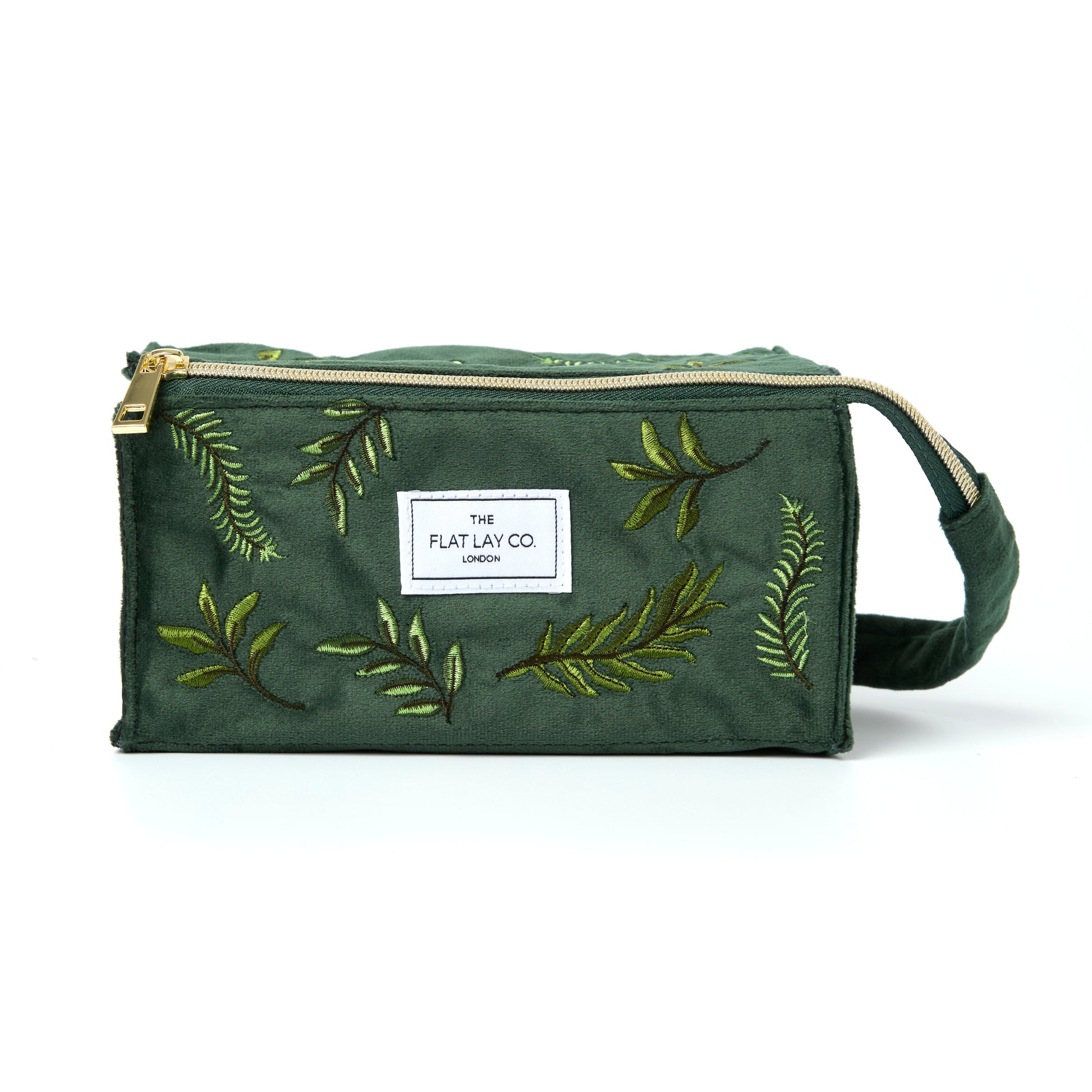 Green Leaves Embroidered Velvet Flat Flay Makeup Box Bag