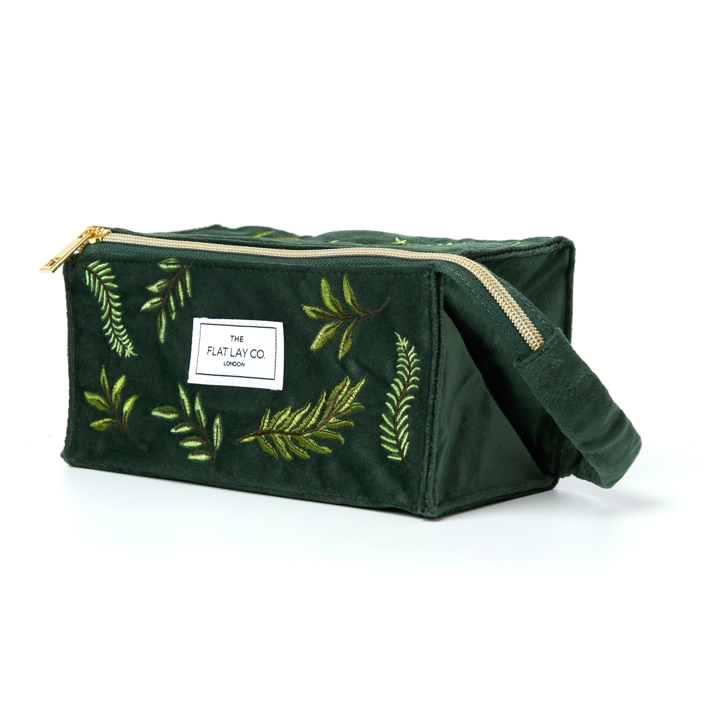 Green Leaves Embroidered Velvet Flat Flay Makeup Box Bag