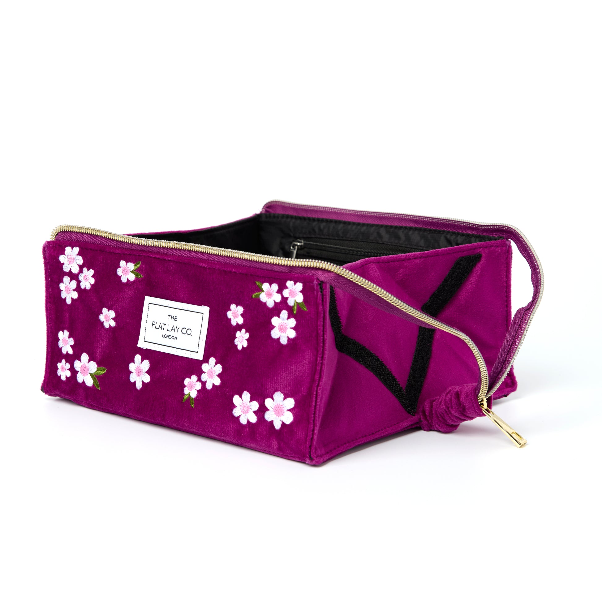 Plum Daisy Embroidered Velvet Flat Lay Makeup Box Bag